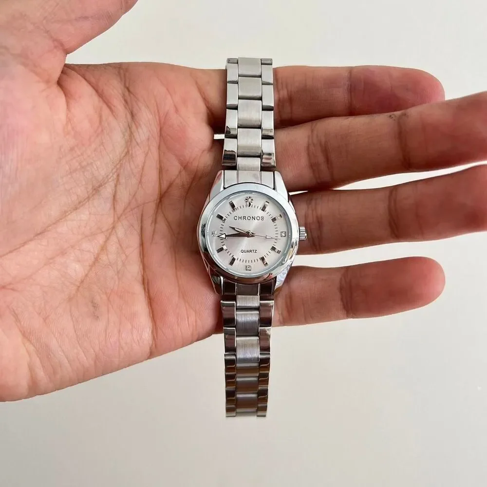 silver classy y2k sporty round stainless steel quartz luxury watch